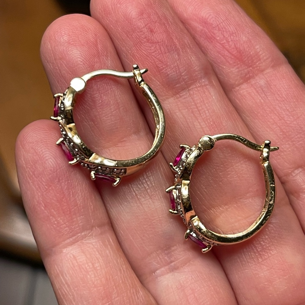 Natural diamond & lab grown ruby gold plated sterling silver earrings - Picture 4 of 12